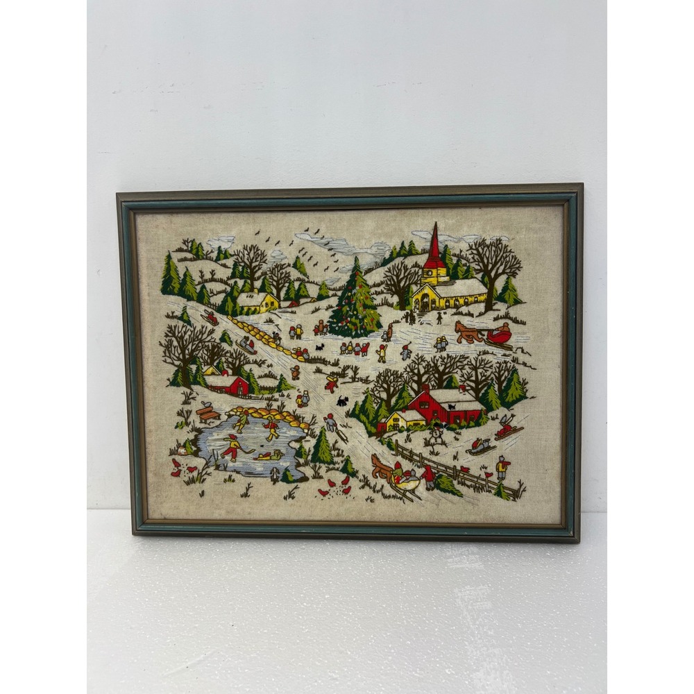Vintage Framed Crewel Embroidery Winter Village Landscape Wood Frame Grannycore
